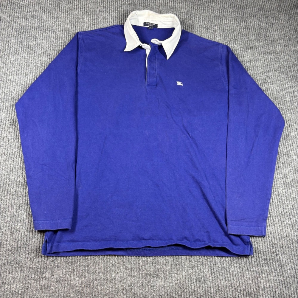 Burberry Shirt Men's L London Blue Long Sleeve Rugby Polo Made in UK Cotton